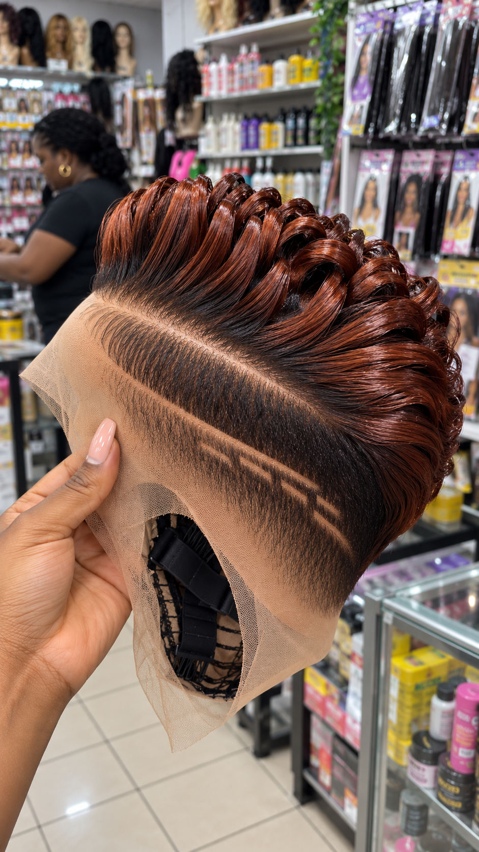 Auburn Copper Ribbon Loop Lace Wig With Diagonal Temple Parting and Carved Side Detail #stay Auburn Copper Ribbon Loop Lace Wig With Diagonal Temple Parting and Carved Side Detail #stay