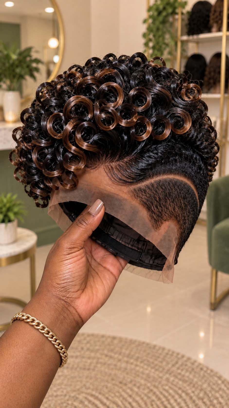 Espresso Black Pixie Wig With Caramel Ring Curls and a Curved Temple Parting #aft