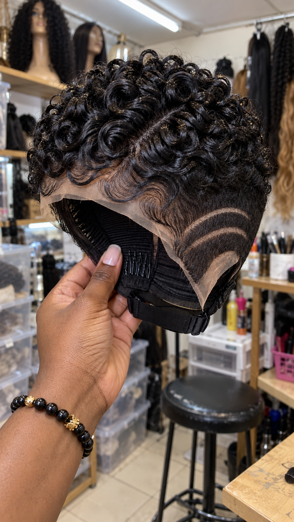 Raven Black Spiral Pixie Wig With Twin Arched Temple Lines and Exposed Adjustable Cap #eft Raven Black Spiral Pixie Wig With Twin Arched Temple Lines and Exposed Adjustable Cap #eft