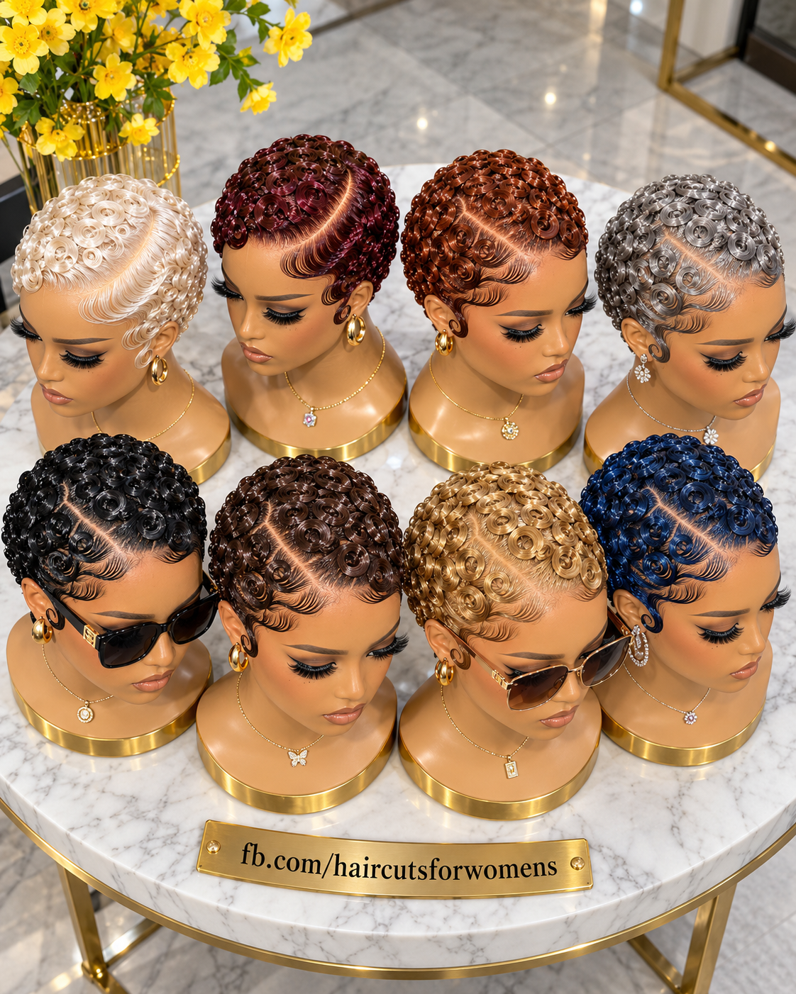 Eight Colorful Finger Coil Pixie Wigs With Sculpted Forehead Waves and Diagonal Crown Partings #bwi