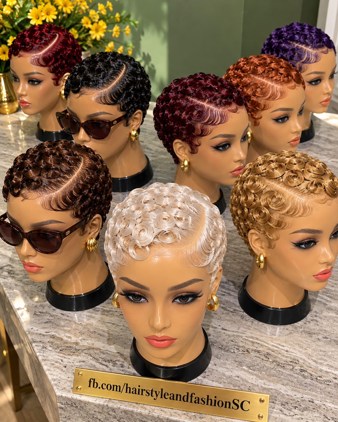 Seven Colorful Rosette Pixie Wigs With Sweeping Finger Waves and Diagonal Partings #fa