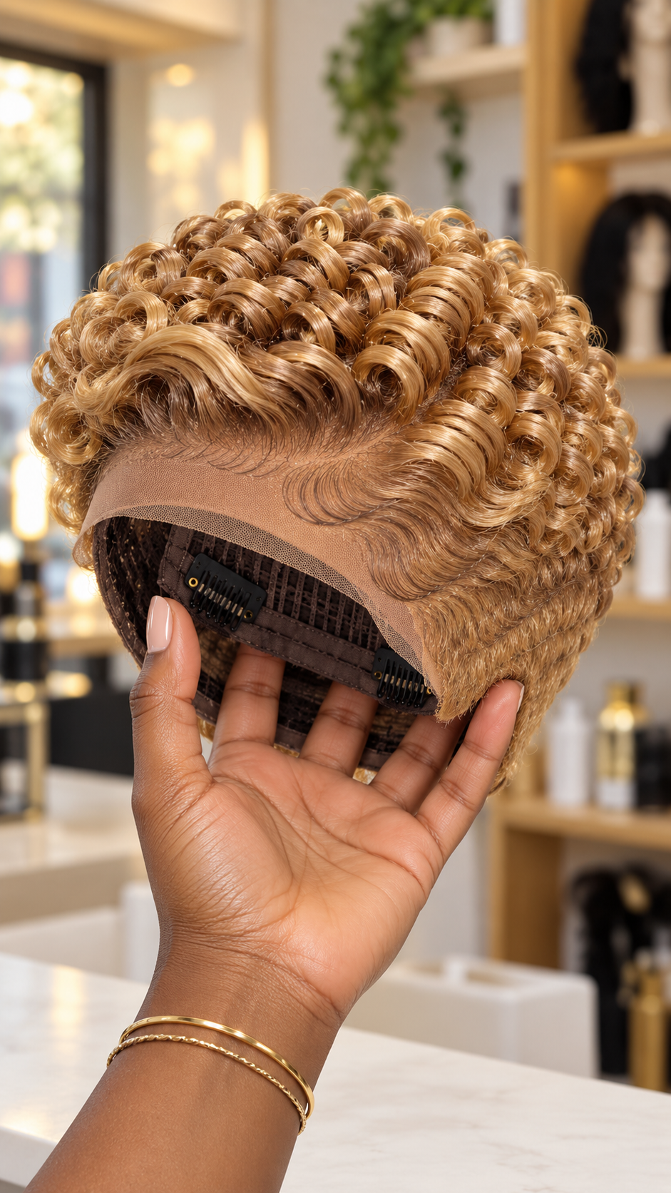 Golden Honey Blonde Spiral Wig With Sculpted Temple Waves and Visible Lace Construction #stay Golden Honey Blonde Spiral Wig With Sculpted Temple Waves and Visible Lace Construction #stay