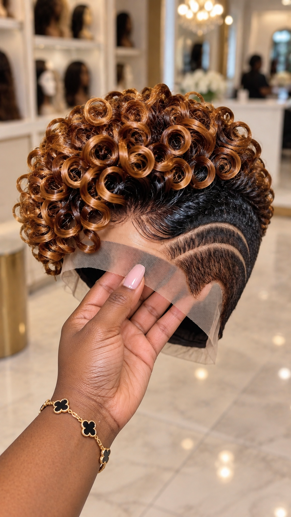 Golden Caramel Spiral Ringlets Above Twin Sculpted Temple Waves on a Pixie Lace Wig #aft