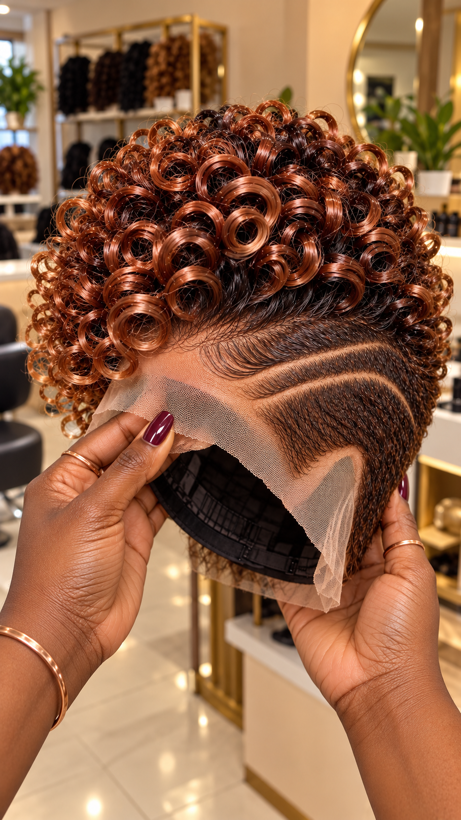 Burnished Copper Ring Curls with a Double Crescent Temple Design and Dark Root Lace Front #eft Burnished Copper Ring Curls with a Double Crescent Temple Design and Dark Root Lace Front #eft