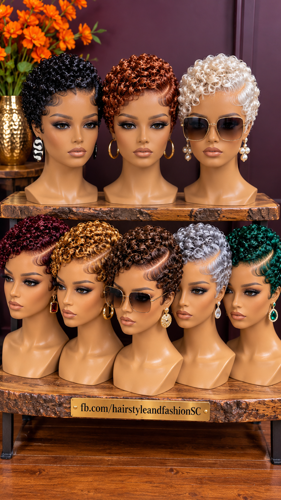 Eight Jewel-Toned Finger Coil Pixie Wigs with Sculpted Side Waves and Luxury Salon Display #fa Eight Jewel-Toned Finger Coil Pixie Wigs with Sculpted Side Waves and Luxury Salon Display #fa