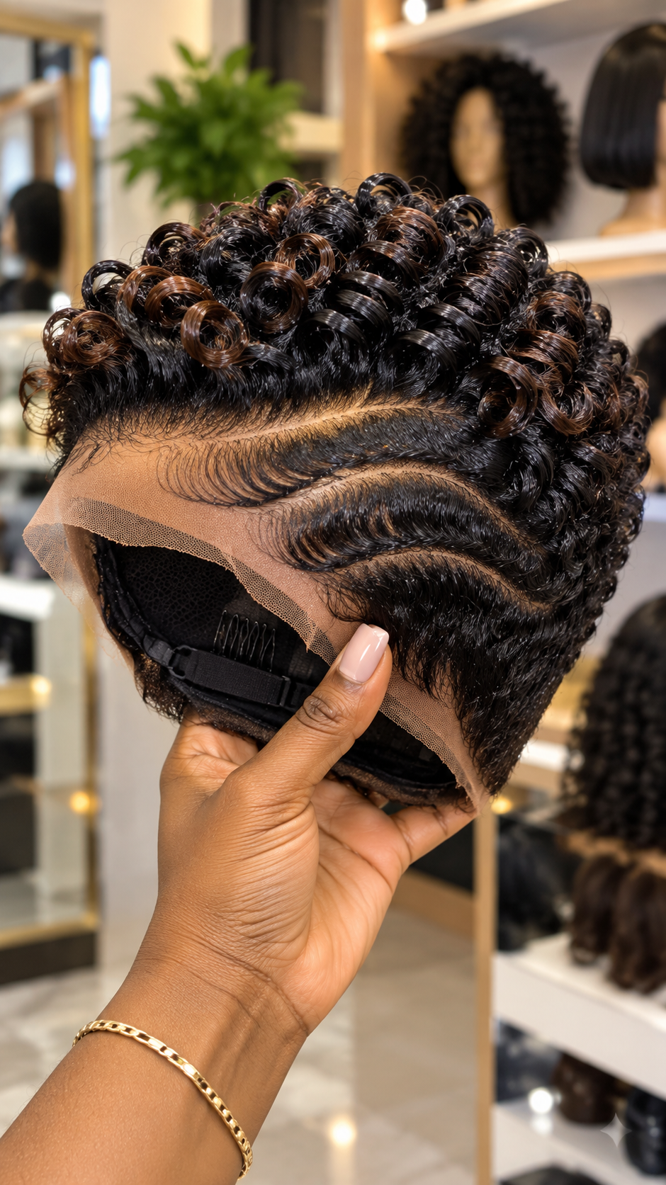 Black and Chestnut Ribbon Ring Curls with Sculpted Temple Waves: A Lace Wig Buying Guide #stay