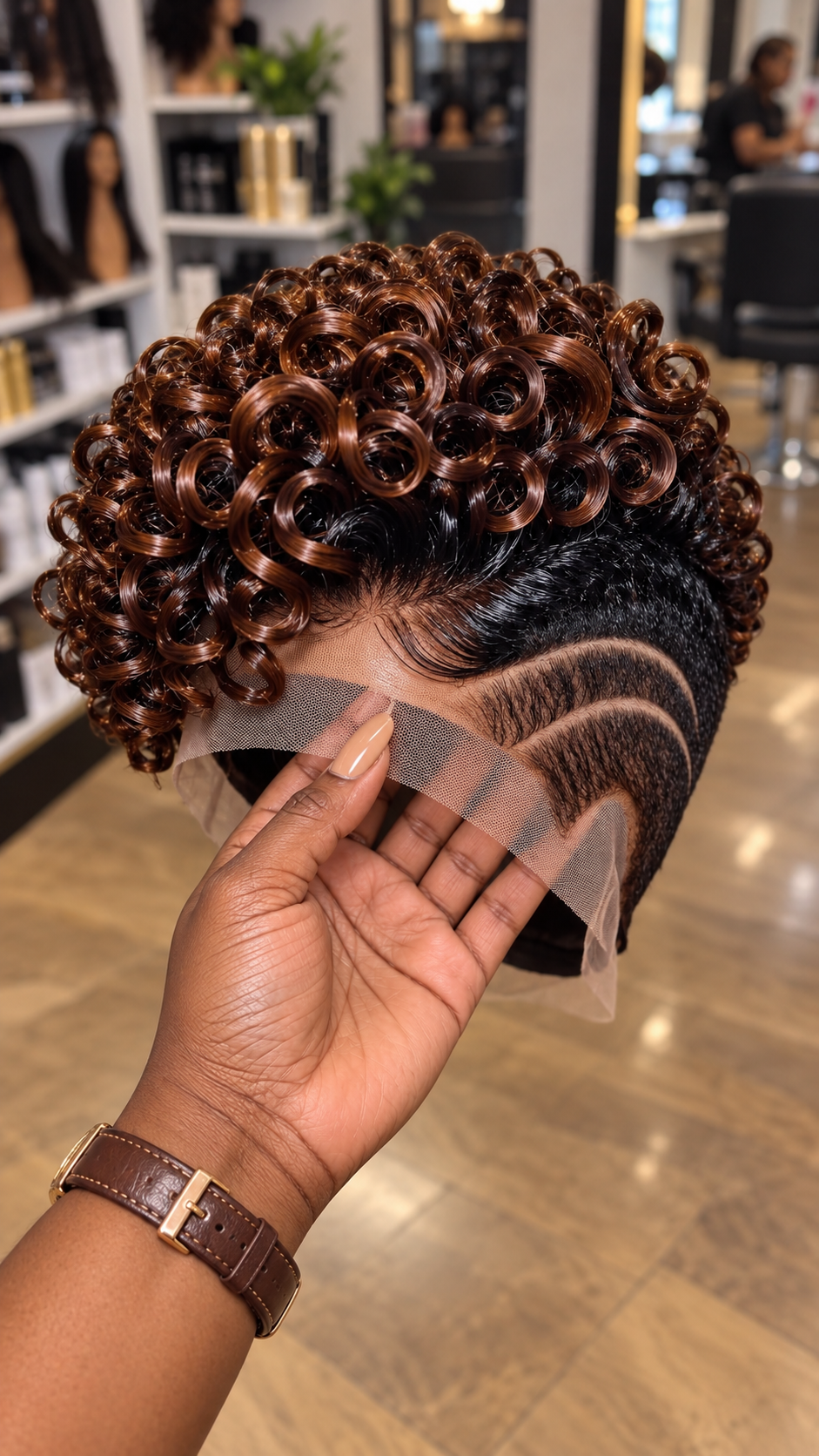 Burnished Copper Spiral Crown Wig With Espresso Roots and Double Arched Temple Artwork #aft