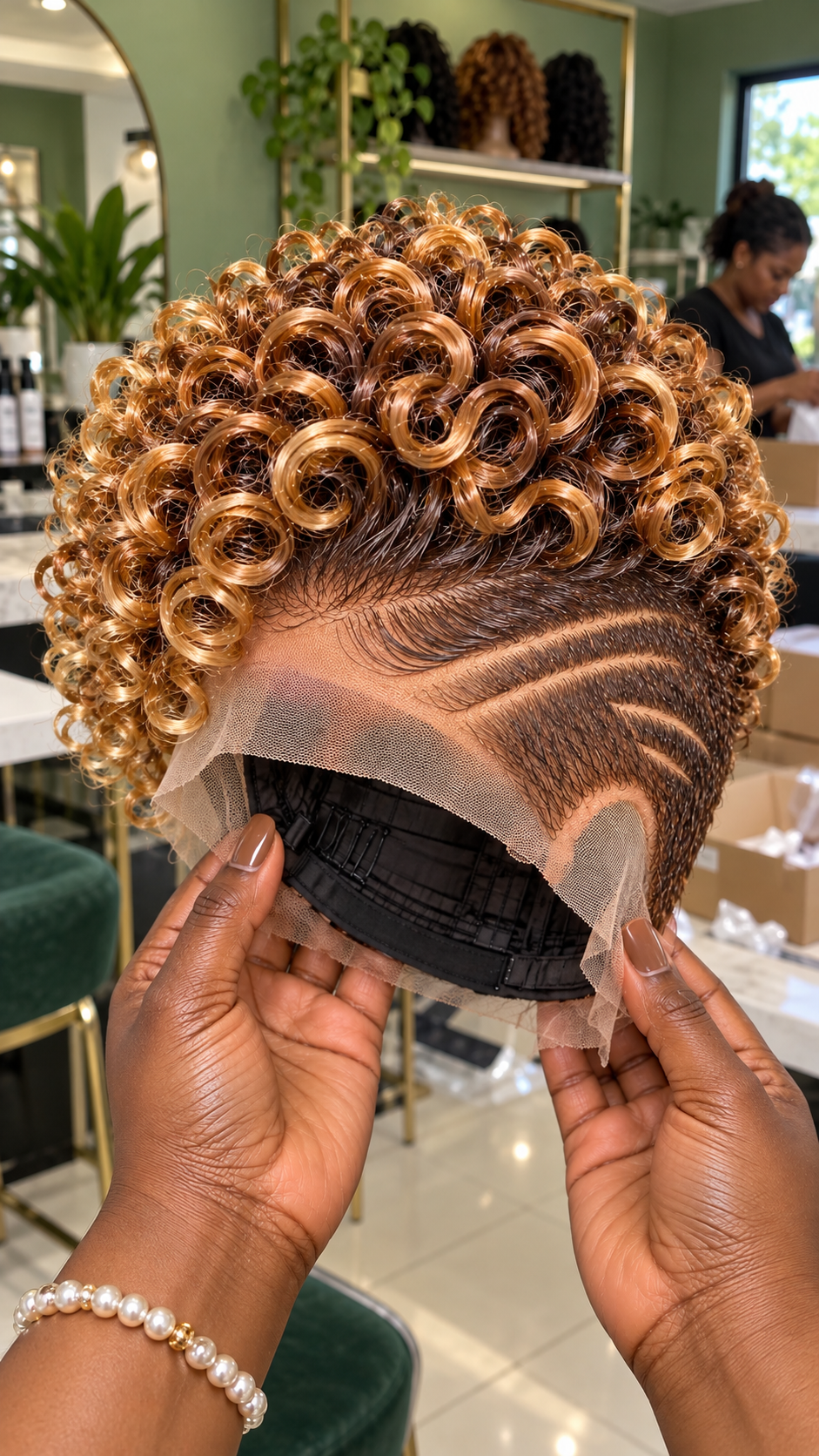 Golden Honey Spiral Pixie Wig With Espresso Roots and Triple Curved Temple Artwork #eft Golden Honey Spiral Pixie Wig With Espresso Roots and Triple Curved Temple Artwork #eft