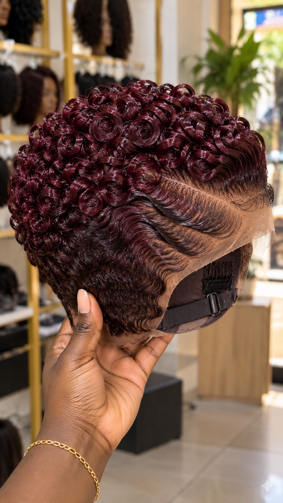 Burgundy Rose Spiral Lace Wig With Sculpted Temple Waves and Adjustable Cap #stay