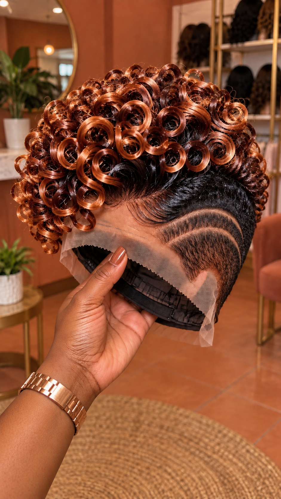 Amber Copper Ringlet Pixie Wig With Raven Black Temple Arches and Sculpted Lace Hairline #aft Amber Copper Ringlet Pixie Wig With Raven Black Temple Arches and Sculpted Lace Hairline #aft