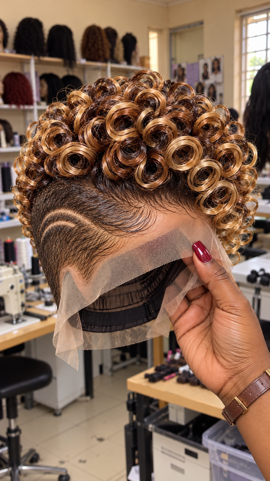 Golden Honey Ringlet Pixie Wig With Espresso Taper and Twin Curved Temple Lines #eft Golden Honey Ringlet Pixie Wig With Espresso Taper and Twin Curved Temple Lines #eft
