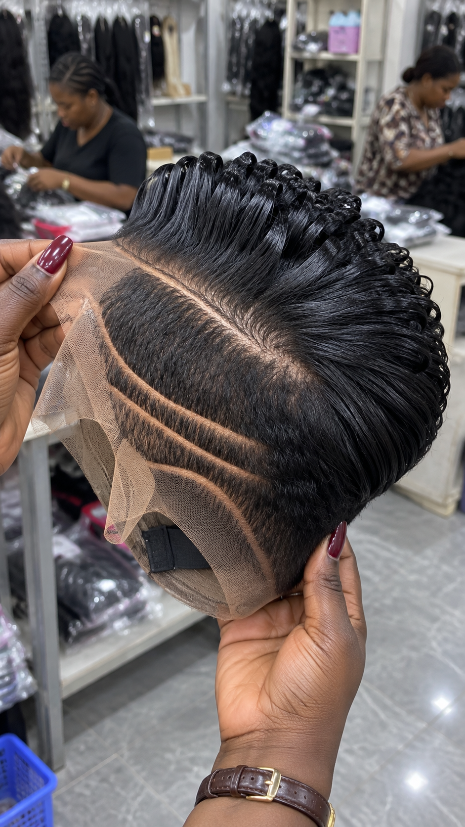 Black Sculpted Loop Wig With Curved Side Lines and Lace Front Detail #br Black Sculpted Loop Wig With Curved Side Lines and Lace Front Detail #br