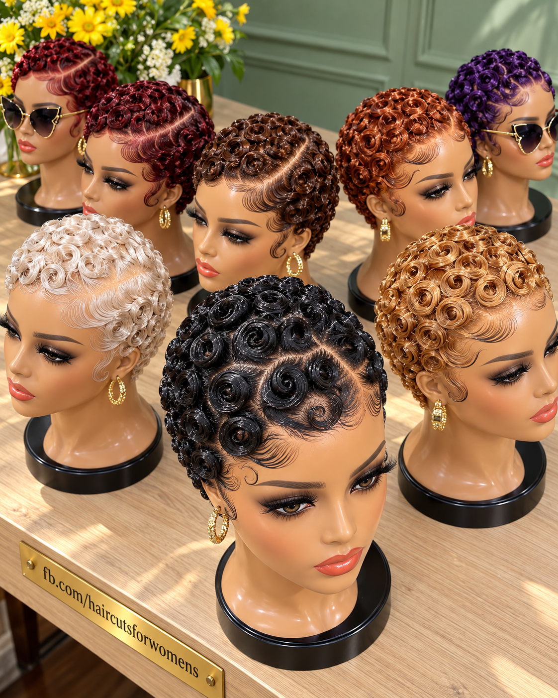 Seven Sculpted Ringlet Pixie Wigs in Burgundy, Copper, Platinum, Purple and Black #bwi