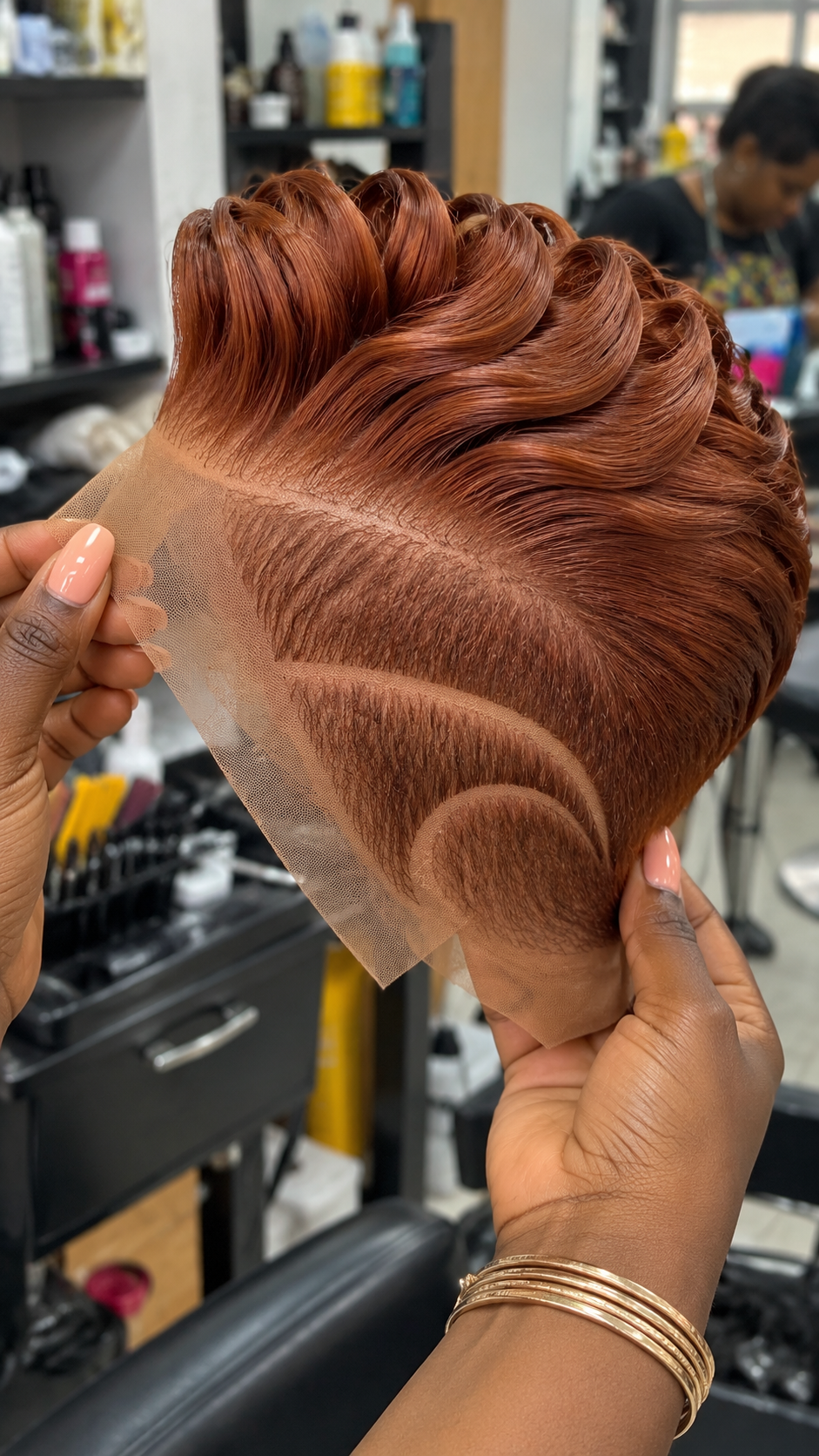 Copper Ribbon Loop Wig With Circular Side Carving and Diagonal Parting #br