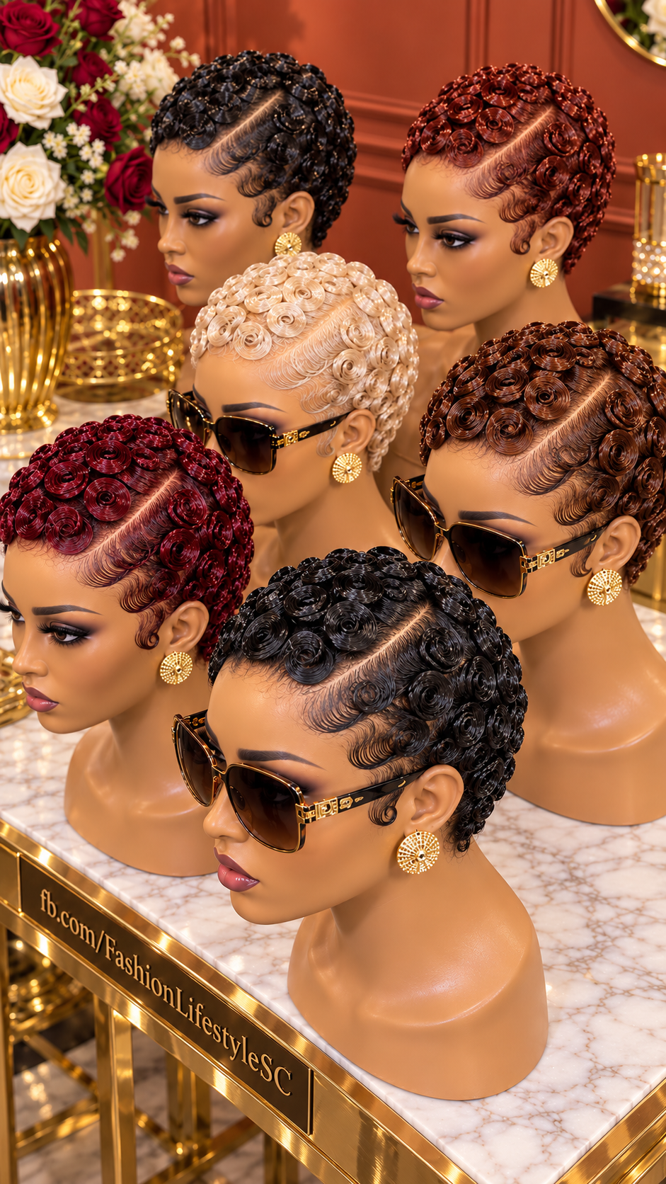 Six Vintage Rosette Pixie Wigs in Ruby Red, Copper Brown, Pearl Blonde and Midnight Black #fl Six Vintage Rosette Pixie Wigs in Ruby Red, Copper Brown, Pearl Blonde and Midnight Black #fl