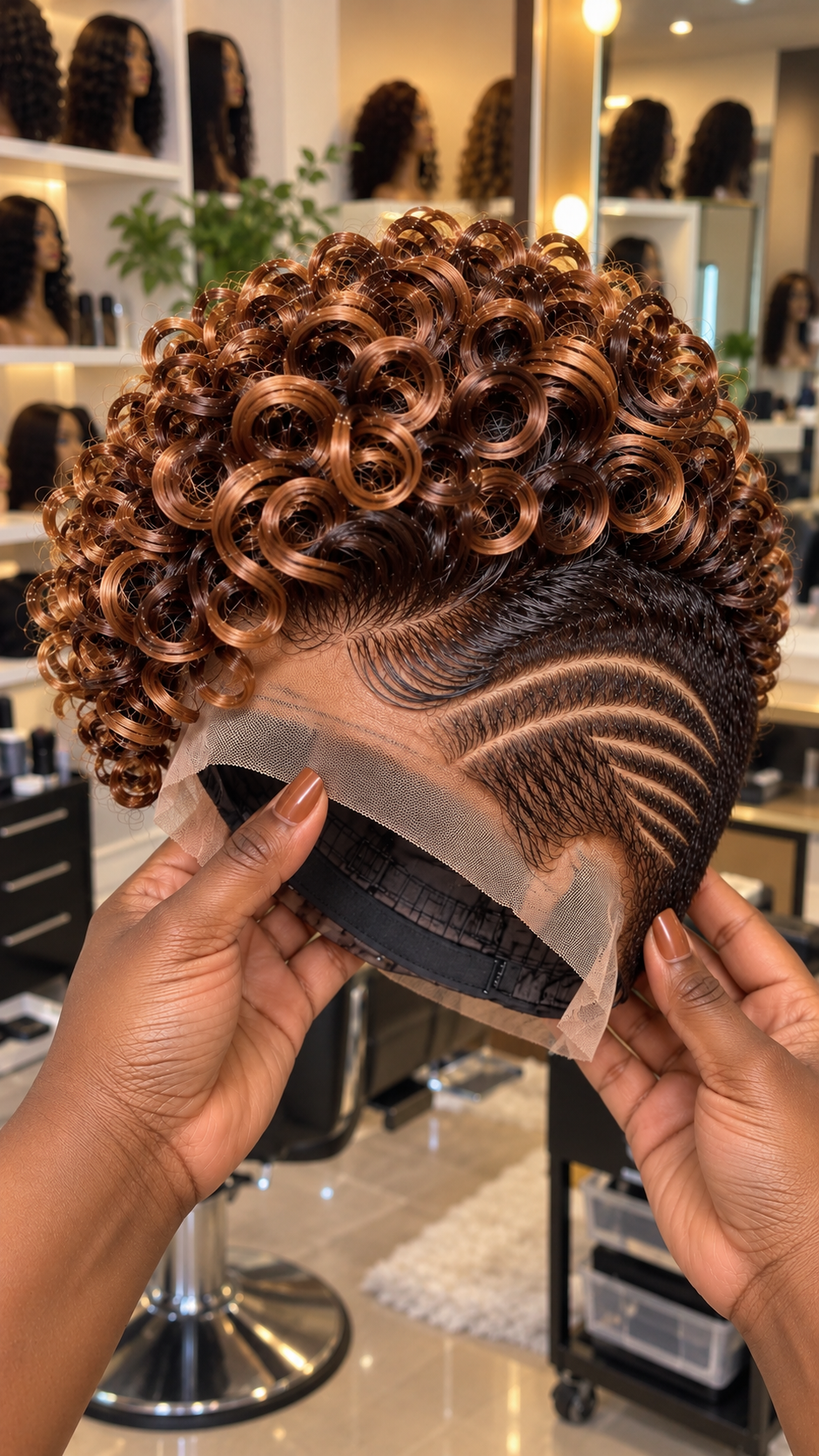 Amber Chestnut Ringlet Wig With Radiating Temple Lines and a Deep Black Foundation #hwb Amber Chestnut Ringlet Wig With Radiating Temple Lines and a Deep Black Foundation #hwb