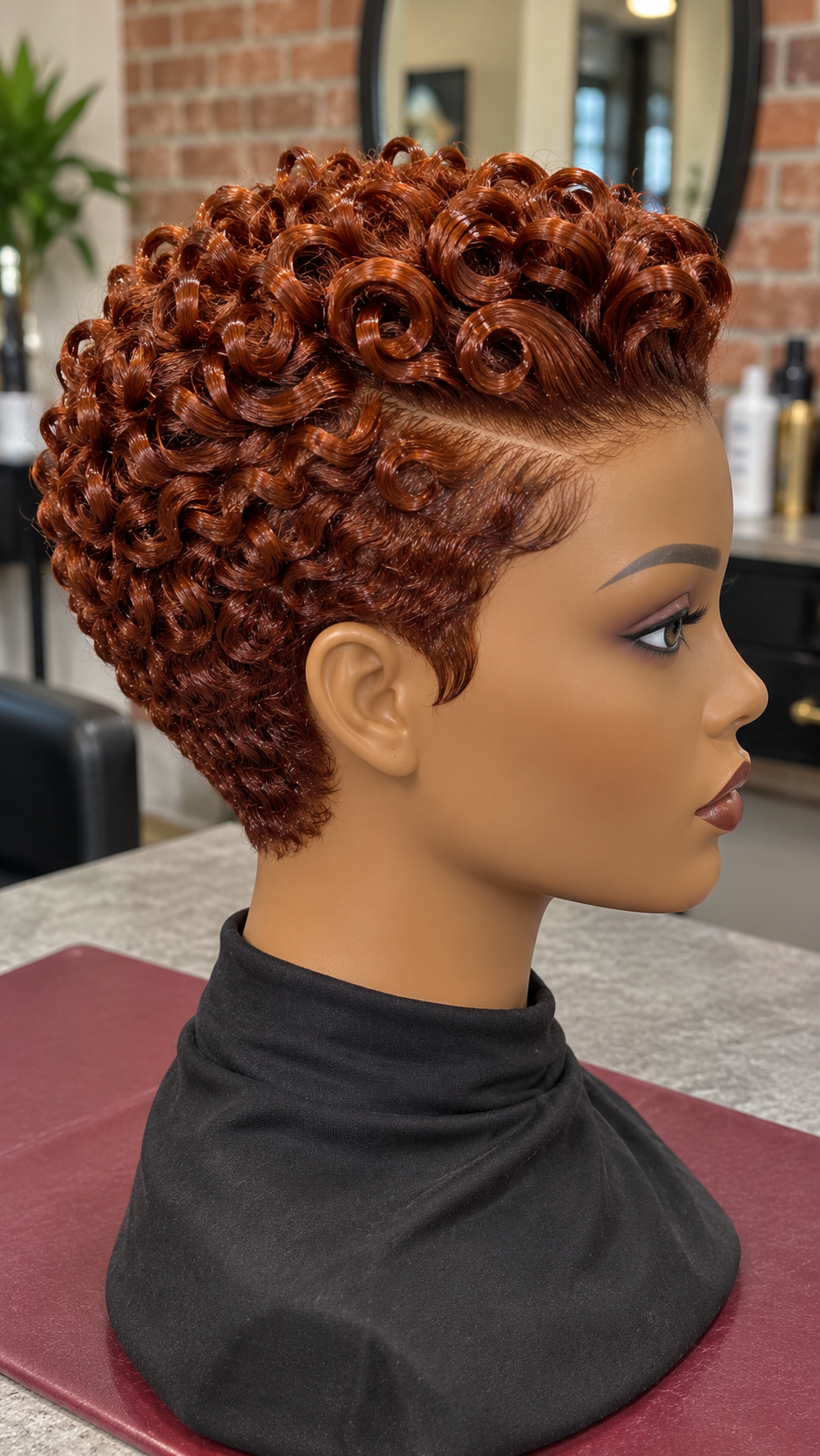 Cinnamon Copper Spiral Pixie Wig With a Sculpted Side Curl and Tapered Nape #ss Cinnamon Copper Spiral Pixie Wig With a Sculpted Side Curl and Tapered Nape #ss