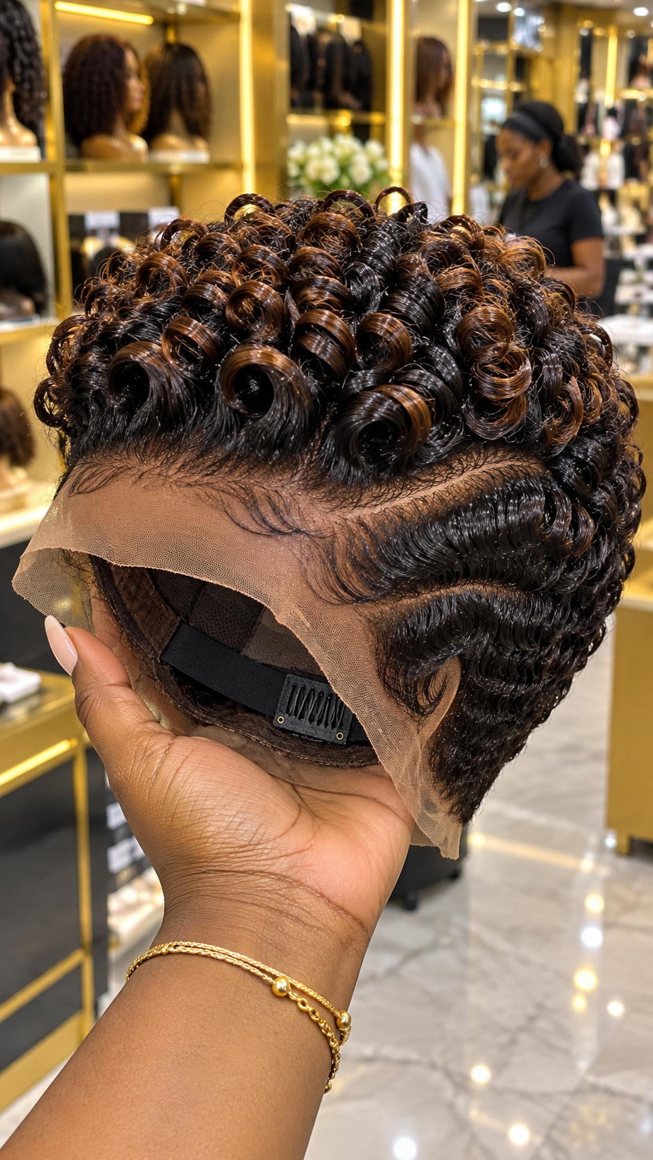 Espresso Black Barrel Coil Wig With Honey Brown Ribbons and Layered Temple Waves #fl Espresso Black Barrel Coil Wig With Honey Brown Ribbons and Layered Temple Waves #fl