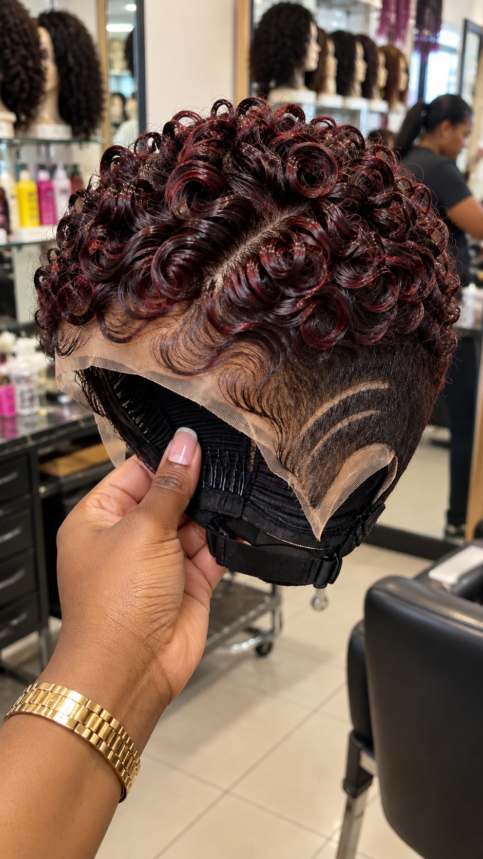 Black Cherry Burgundy Spiral Pixie Wig with a Sweeping Crown Part and Feathered Temple Arches #stay Black Cherry Burgundy Spiral Pixie Wig with a Sweeping Crown Part and Feathered Temple Arches #stay