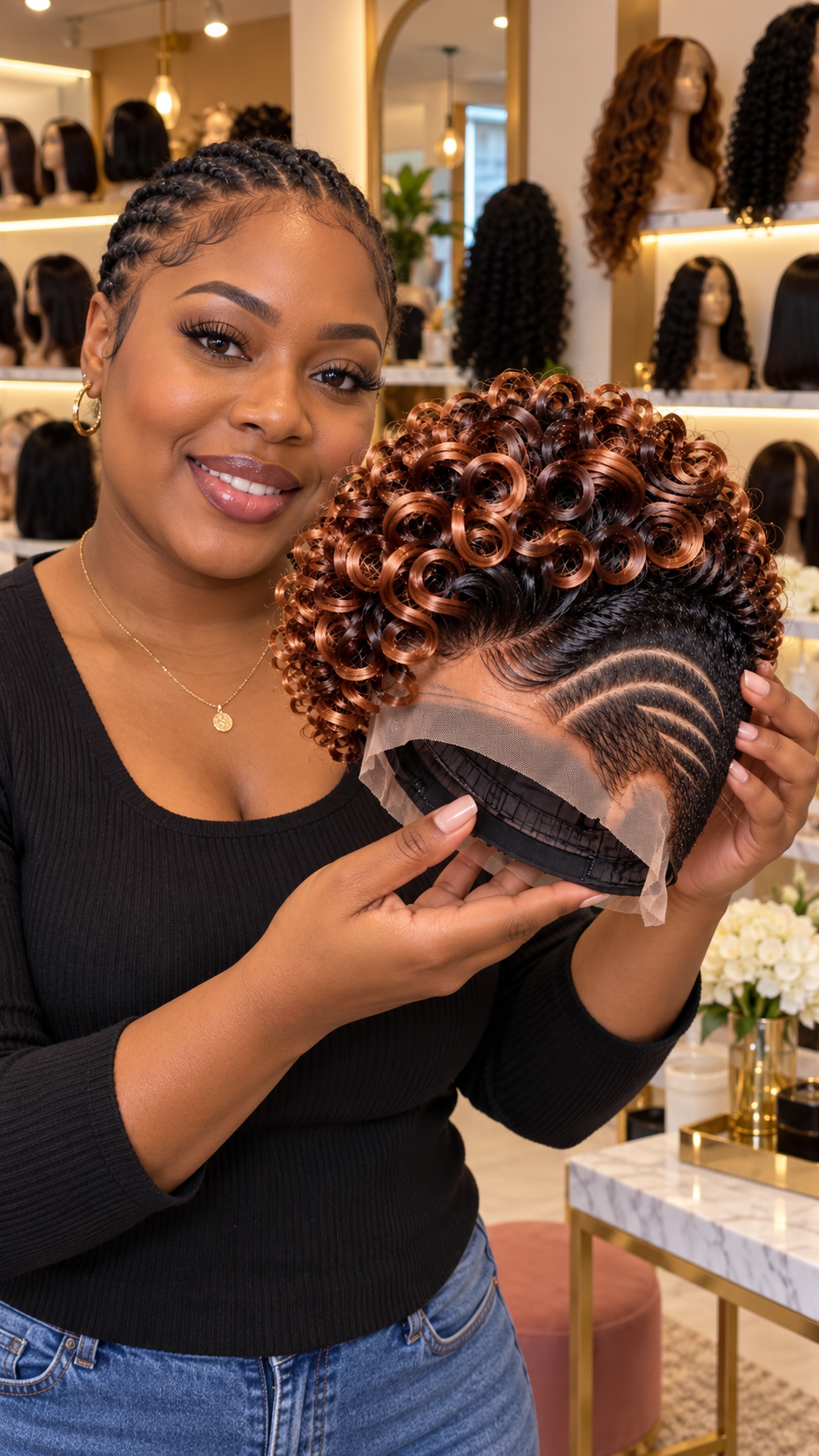 Burnished Copper Ringlet Wig With Black Roots and Three Sculpted Temple Arches #WigBusiness