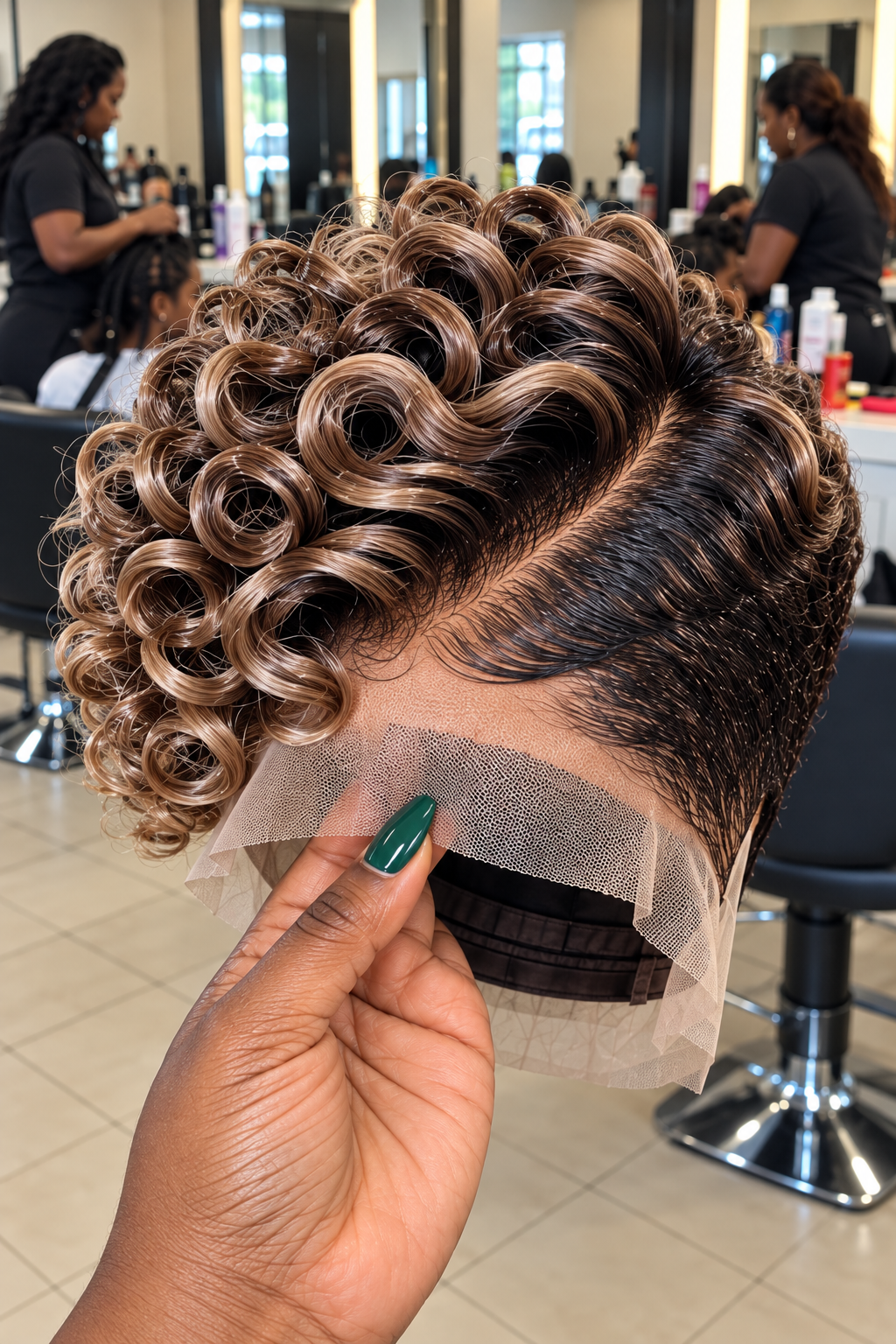 Champagne Mocha Sculpted Curl Wig With a Diagonal Part and Sweeping Espresso Side Waves #bc Champagne Mocha Sculpted Curl Wig With a Diagonal Part and Sweeping Espresso Side Waves #bc