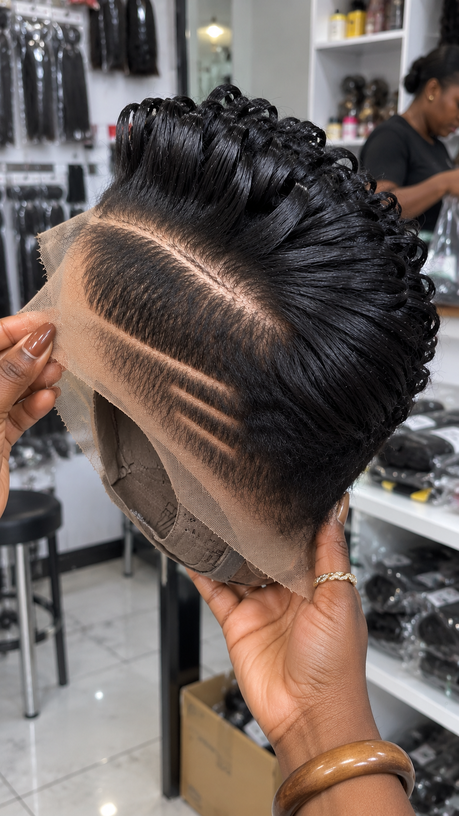 Jet Black Ribbon Curl Lace Wig With Double Parallel Side Parting and Glossy Pixie Styling #apdh