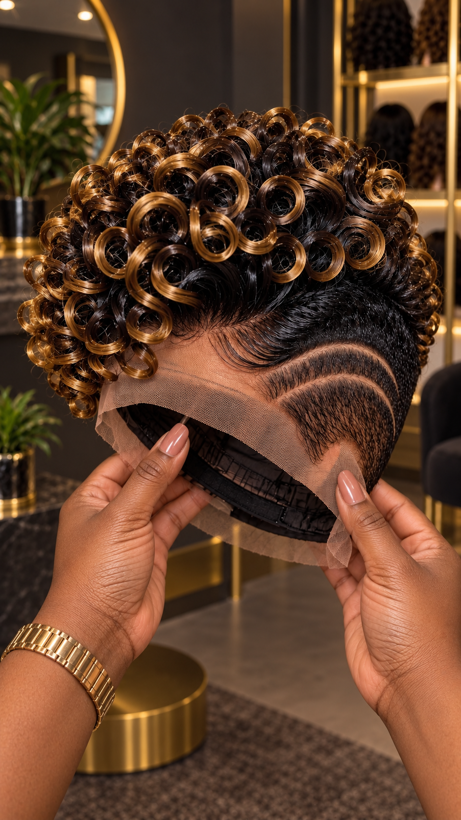 Golden Bronze Ringlet Pixie Wig With Espresso Roots and Sculpted Double Crescent Temple Lines #apd Golden Bronze Ringlet Pixie Wig With Espresso Roots and Sculpted Double Crescent Temple Lines #apd