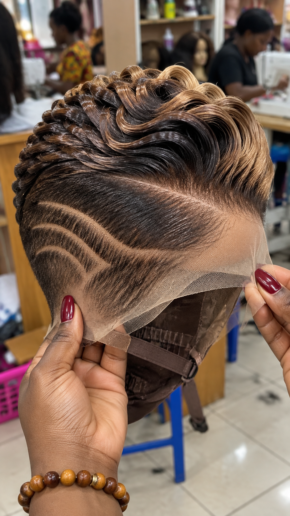 Chocolate Espresso Sculpted Wave Wig With Champagne Blonde Ribbons and Triple Side Arcs #br Chocolate Espresso Sculpted Wave Wig With Champagne Blonde Ribbons and Triple Side Arcs #br