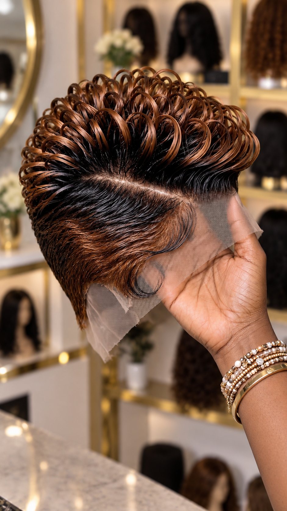 Cinnamon Bronze Loop Crown Wig With a Deep Side Part and Sculpted Hairline Swirls #fl Cinnamon Bronze Loop Crown Wig With a Deep Side Part and Sculpted Hairline Swirls #fl