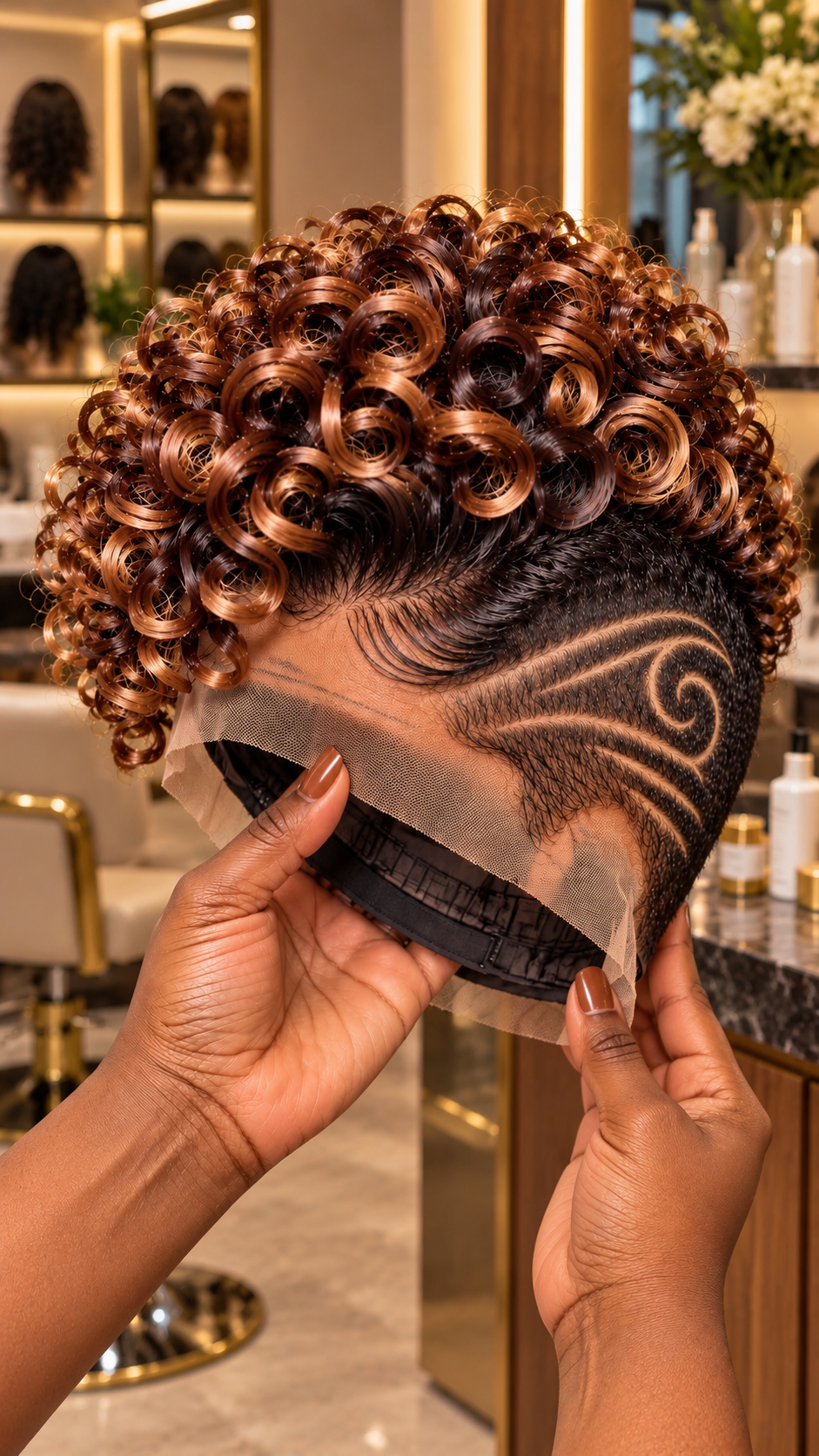 Copper Auburn Ringlet Pixie Wig With a Carved Spiral Temple Design and Espresso Black Roots #yfr