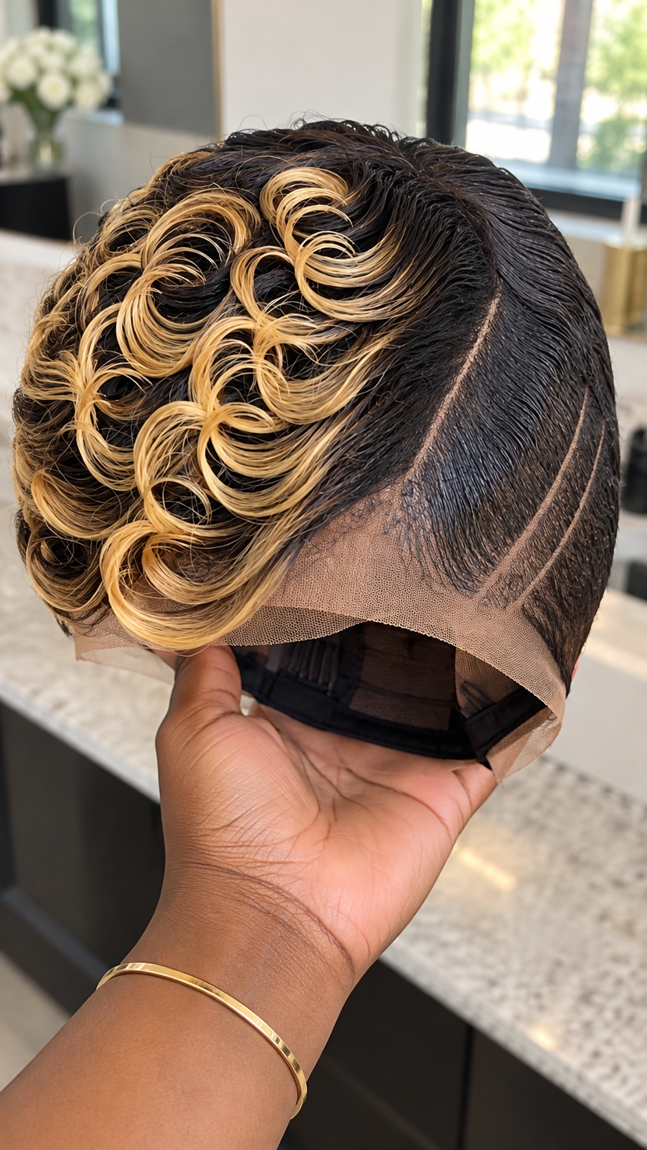 Champagne Honey Swirl Pixie Wig With a Jet Black Side Sweep and Twin Razor-Cut Temple Accents #bwi Champagne Honey Swirl Pixie Wig With a Jet Black Side Sweep and Twin Razor-Cut Temple Accents #bwi