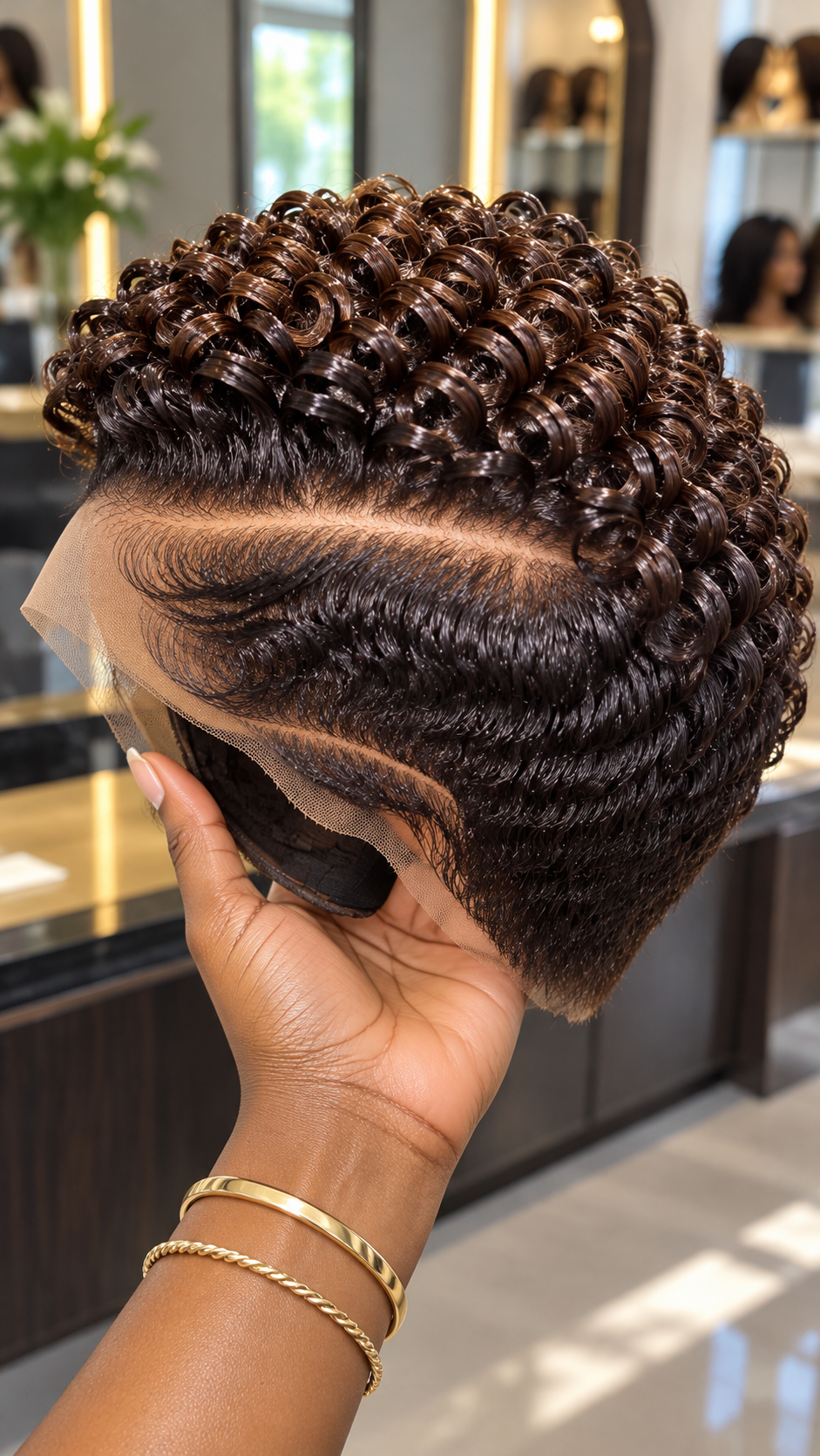 Walnut Brown Spiral Rosette Pixie Wig With a Sweeping Finger Wave and Angled Temple Part #stay