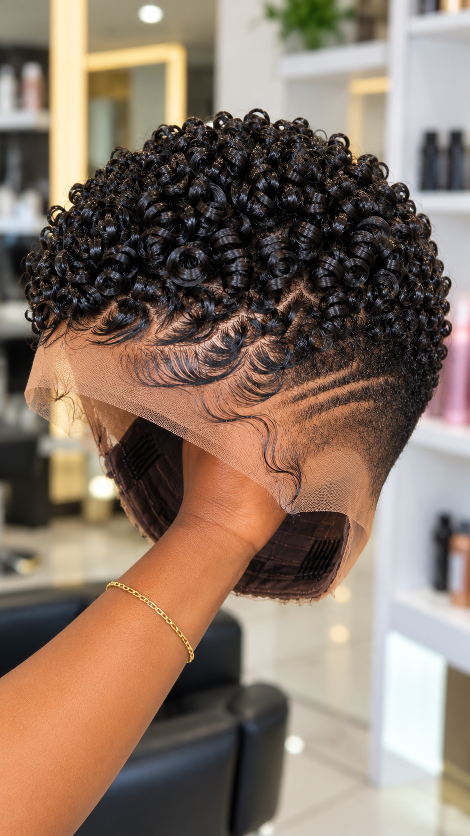Obsidian Corkscrew Pixie Wig With Feathered Forehead Swirls and Parallel Temple Etchings #br Obsidian Corkscrew Pixie Wig With Feathered Forehead Swirls and Parallel Temple Etchings #br