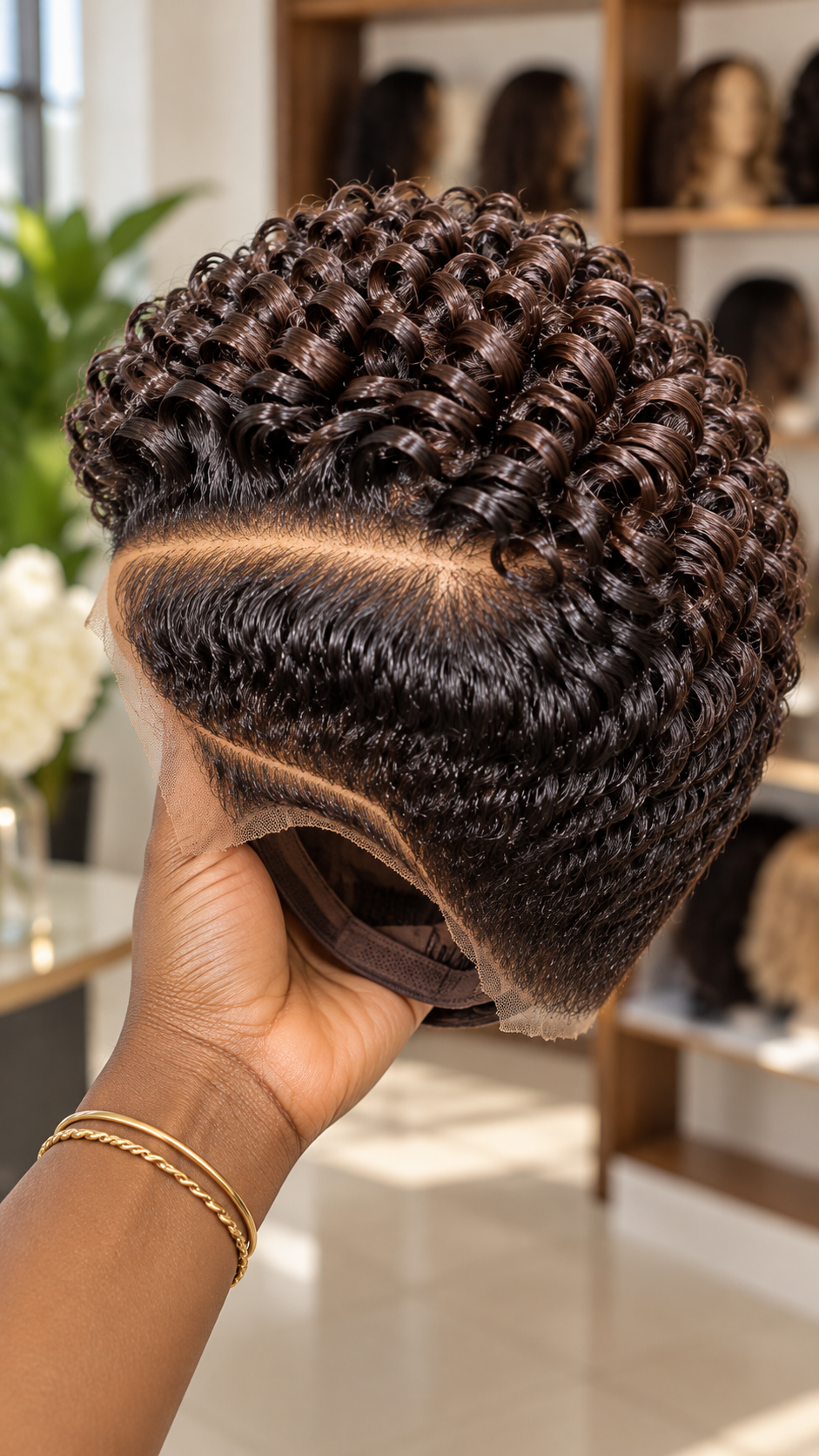 Mocha Brown Spiral Loop Pixie Wig with a Sculpted Frontal Ridge and Double Curved Partings #stay