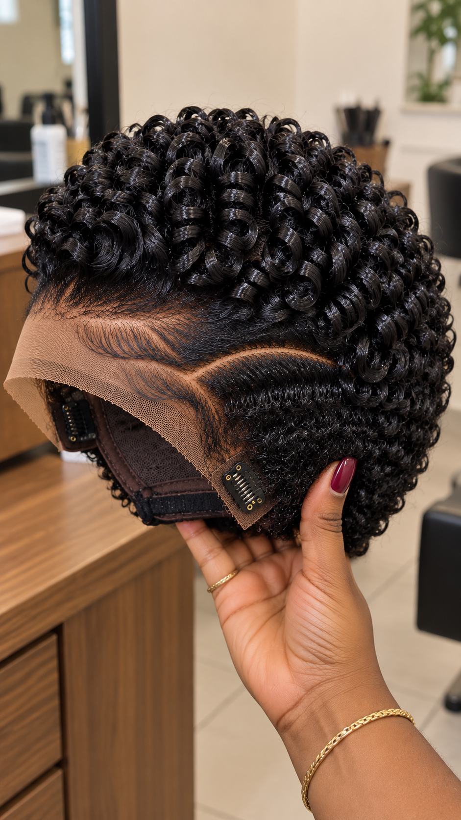 Raven Black Spiral Crown Wig With a Sculpted Temple Sweep and Visible Lace Construction #eft