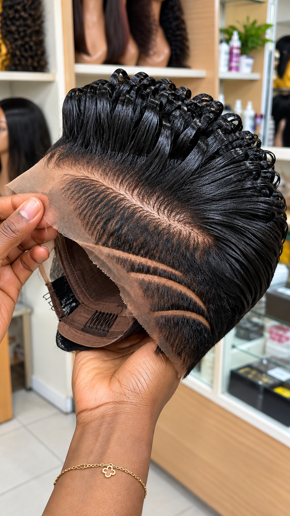 Raven Black Sculpted Ribbon Wig With Swept Crown Loops and Three Curved Side Channels #the