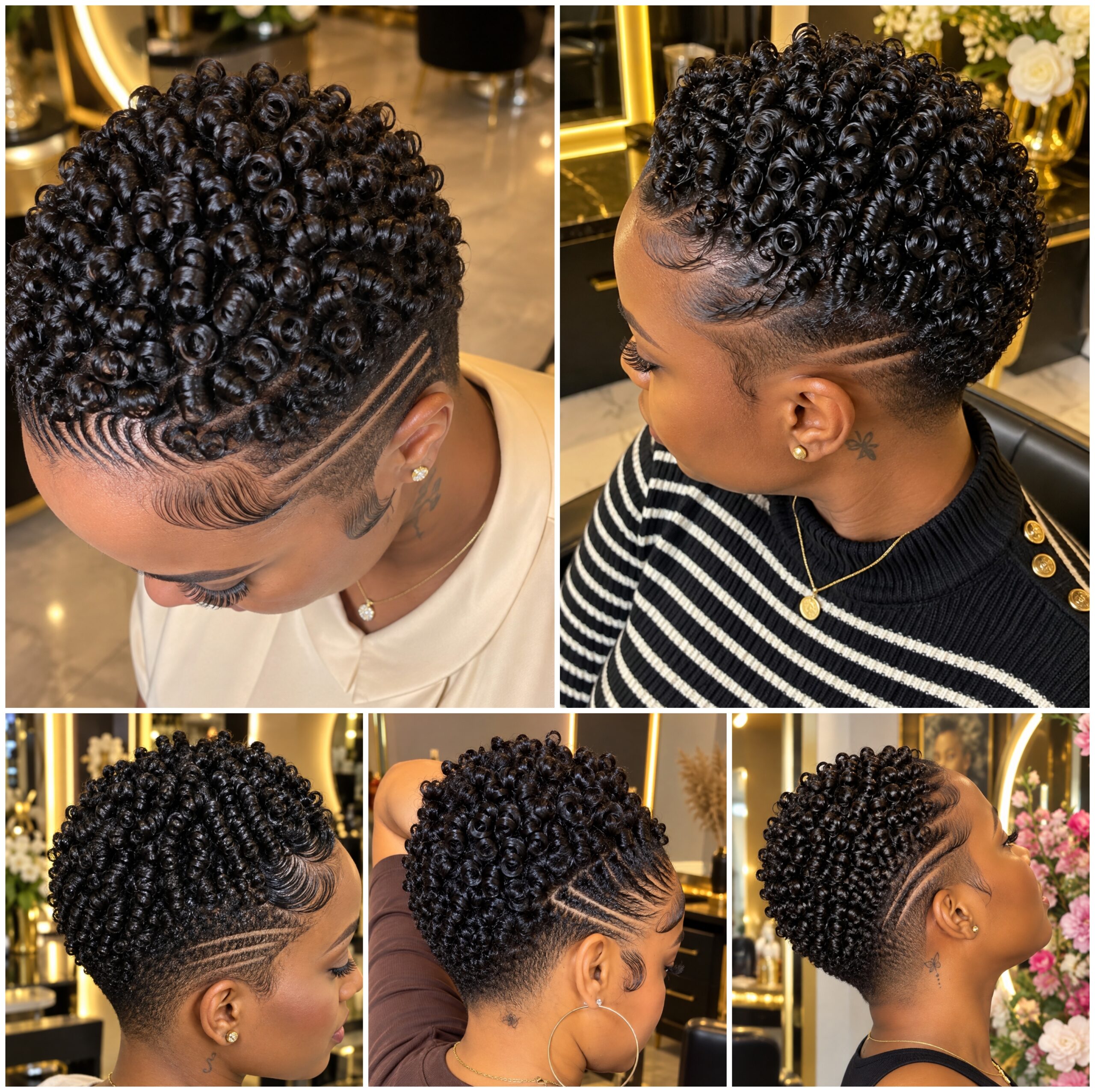 Short Coily Pixie Fades with Curved Side Lines