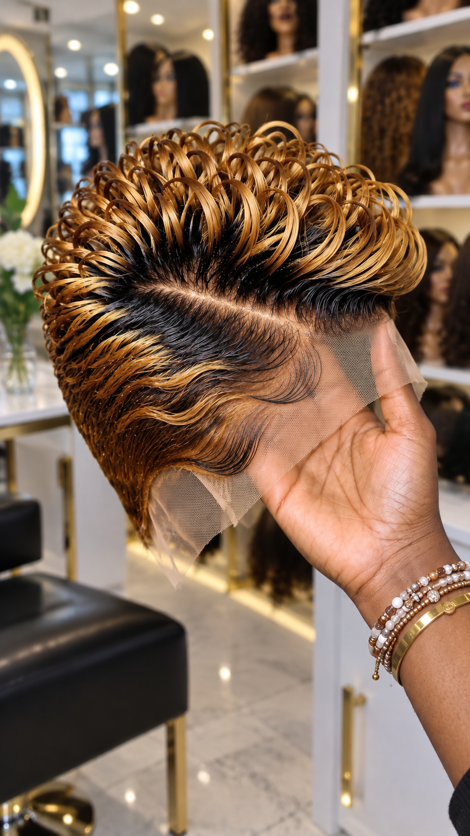 Golden Blonde Loop Crown Wig With Black Roots and Flowing Finger-Wave Sides #WigBusiness