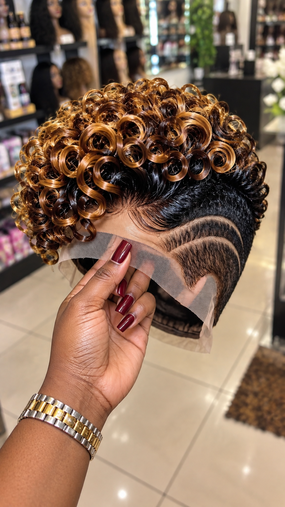 Golden Caramel Ringlet Wig With Jet Black Roots and Double Crescent Side Design #eft Golden Caramel Ringlet Wig With Jet Black Roots and Double Crescent Side Design #eft