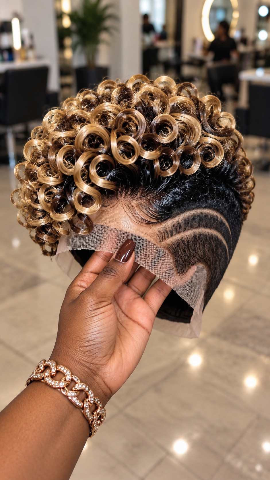 Honey Blonde Barrel Ringlet Wig With Jet Black Roots and Sculpted Double Crescent Temple Waves #yf