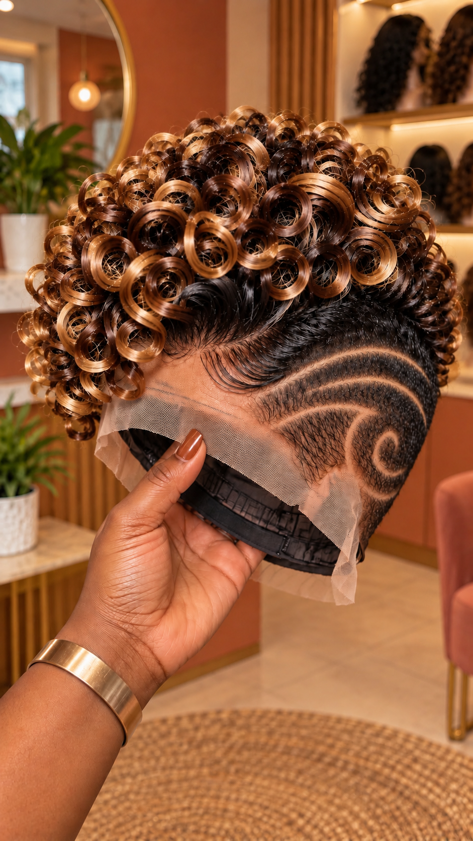 Honey Caramel Ringlet Wig With a Spiral Temple Carving and Black Root Contrast #aft Honey Caramel Ringlet Wig With a Spiral Temple Carving and Black Root Contrast #aft