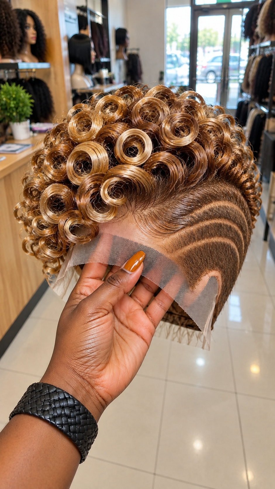 Honey Gold Ringlet Wig With Triple Sweeping Side Arcs and Sculpted Temple Waves #hwbh Honey Gold Ringlet Wig With Triple Sweeping Side Arcs and Sculpted Temple Waves #hwbh
