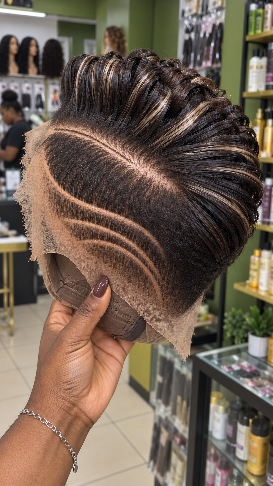 Espresso Black Ribbon Wig With Champagne Blonde Streaks and Sweeping Side Arcs #ssh