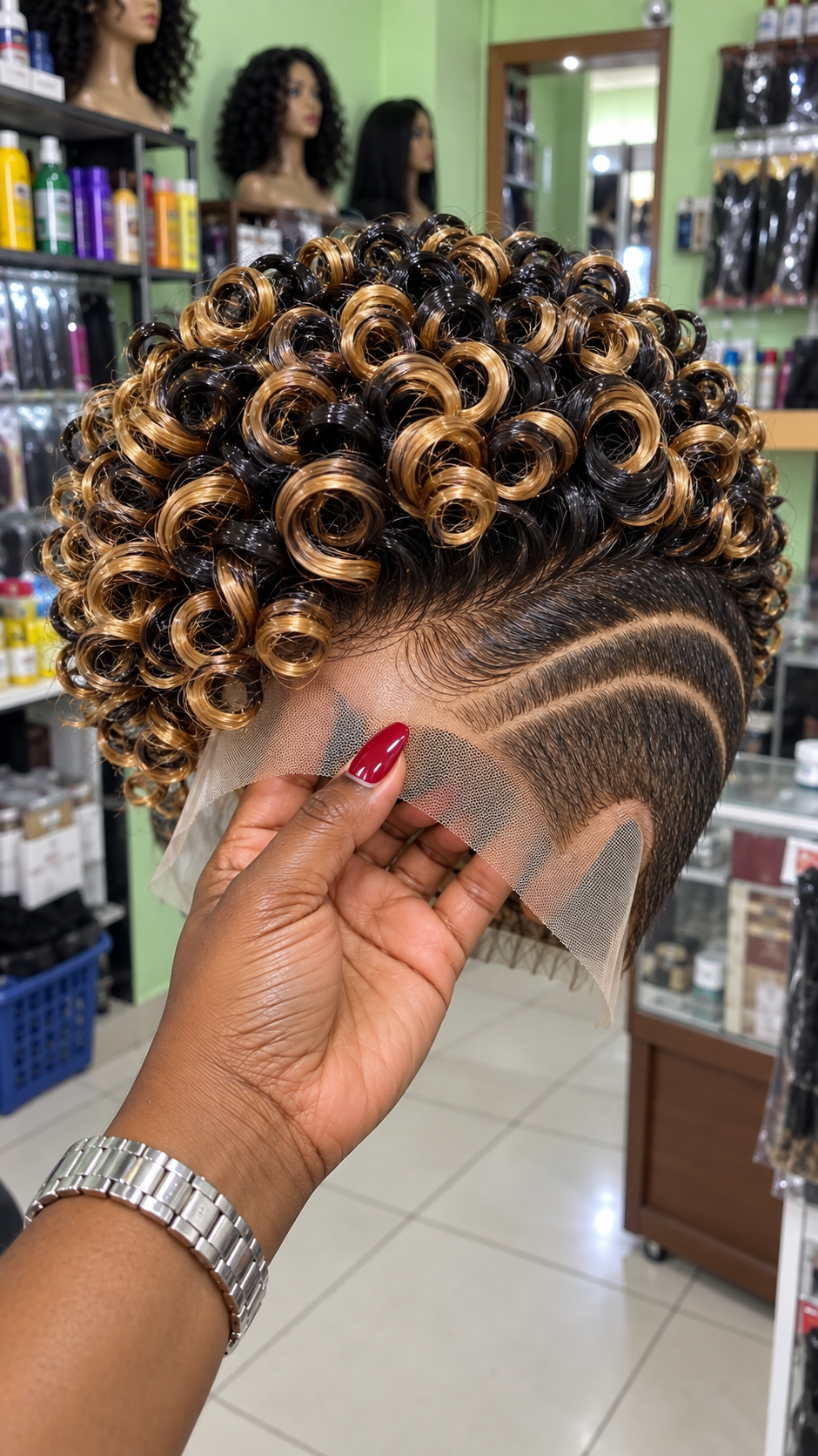 Black and Golden Honey Spiral Crown Wig With Three Sweeping Side Channels #afth Black and Golden Honey Spiral Crown Wig With Three Sweeping Side Channels #afth