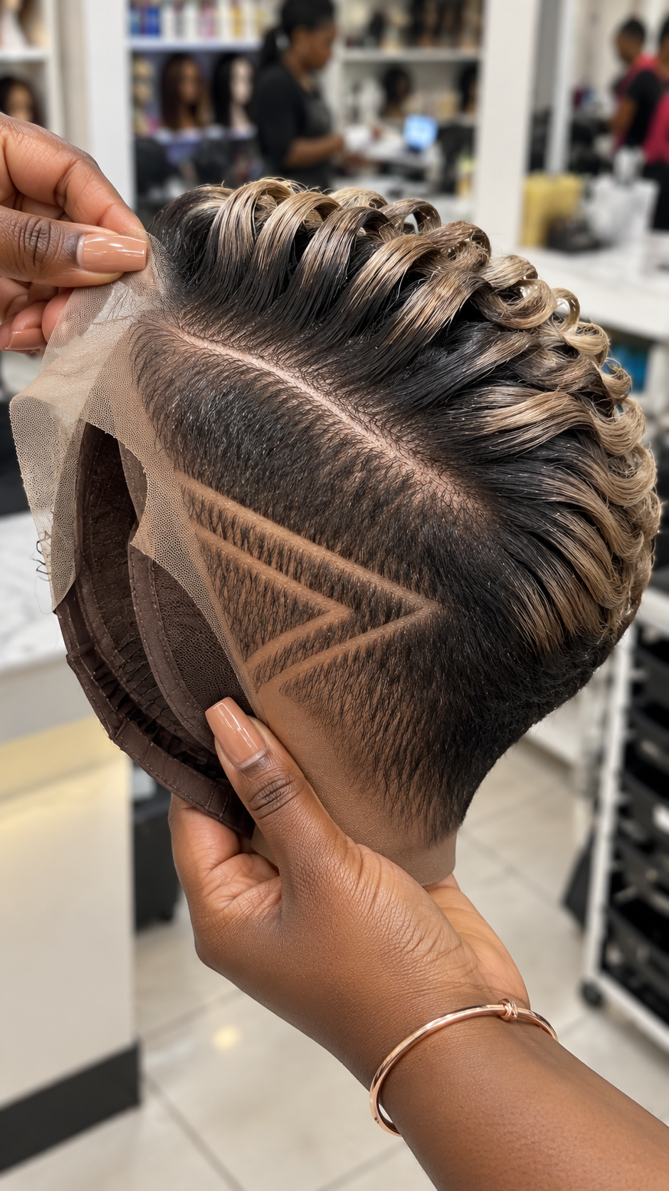Black and Champagne Blonde Loop Curl Wig With Precision Zigzag Side Design #afth Black and Champagne Blonde Loop Curl Wig With Precision Zigzag Side Design #afth