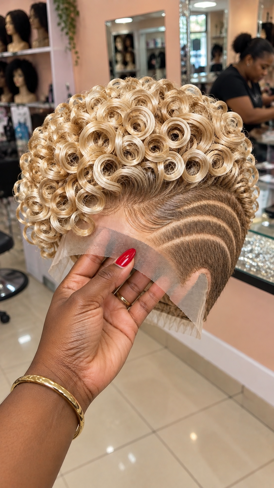 Champagne Blonde Ringlet Pixie Wig With Triple Curved Side Partings and Sculpted Hairline #bwih Champagne Blonde Ringlet Pixie Wig With Triple Curved Side Partings and Sculpted Hairline #bwih