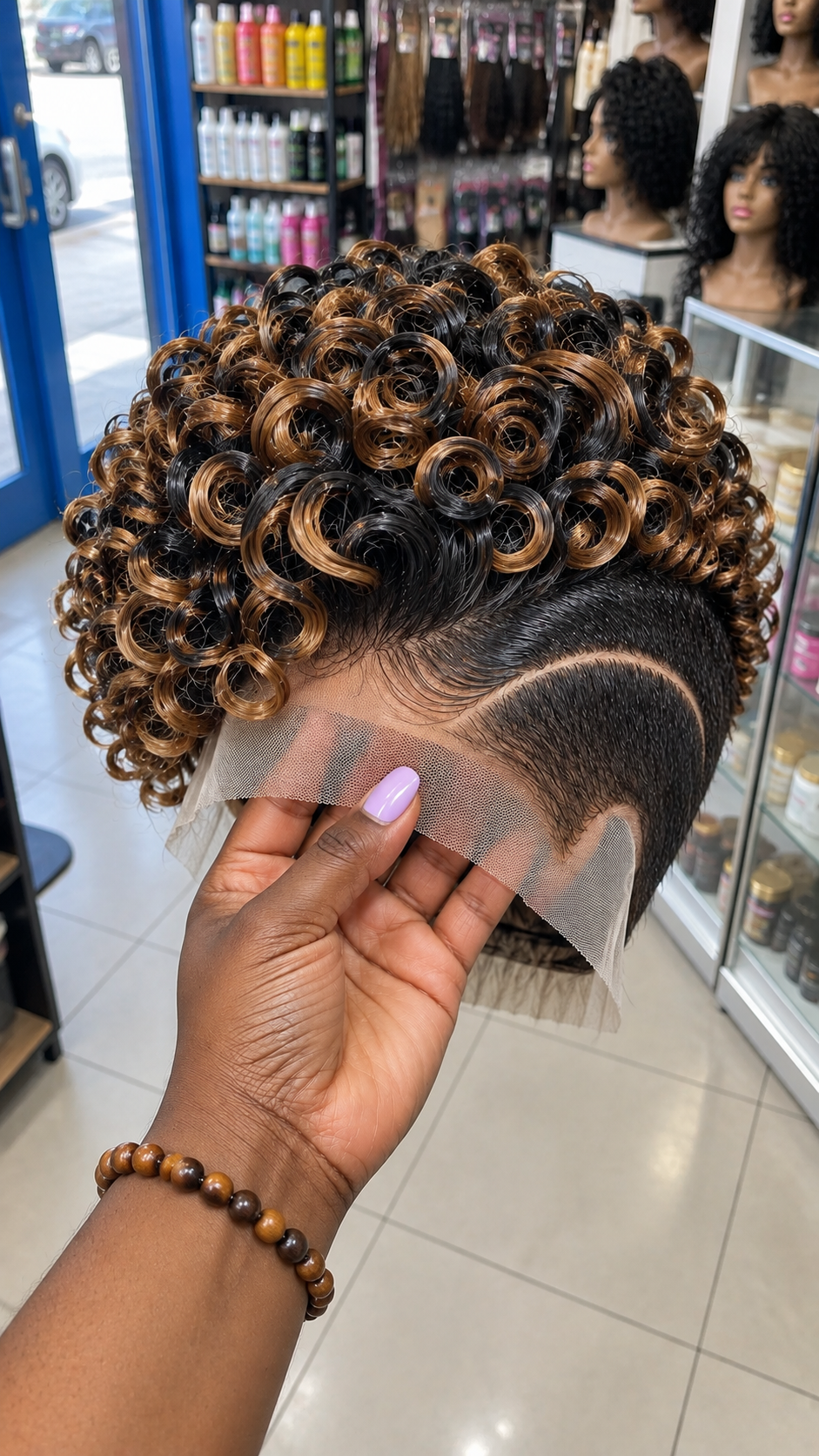 Caramel Honey Ringlet Pixie Wig with Black Roots and a Sweeping Temple Curve #fah Caramel Honey Ringlet Pixie Wig with Black Roots and a Sweeping Temple Curve #fah