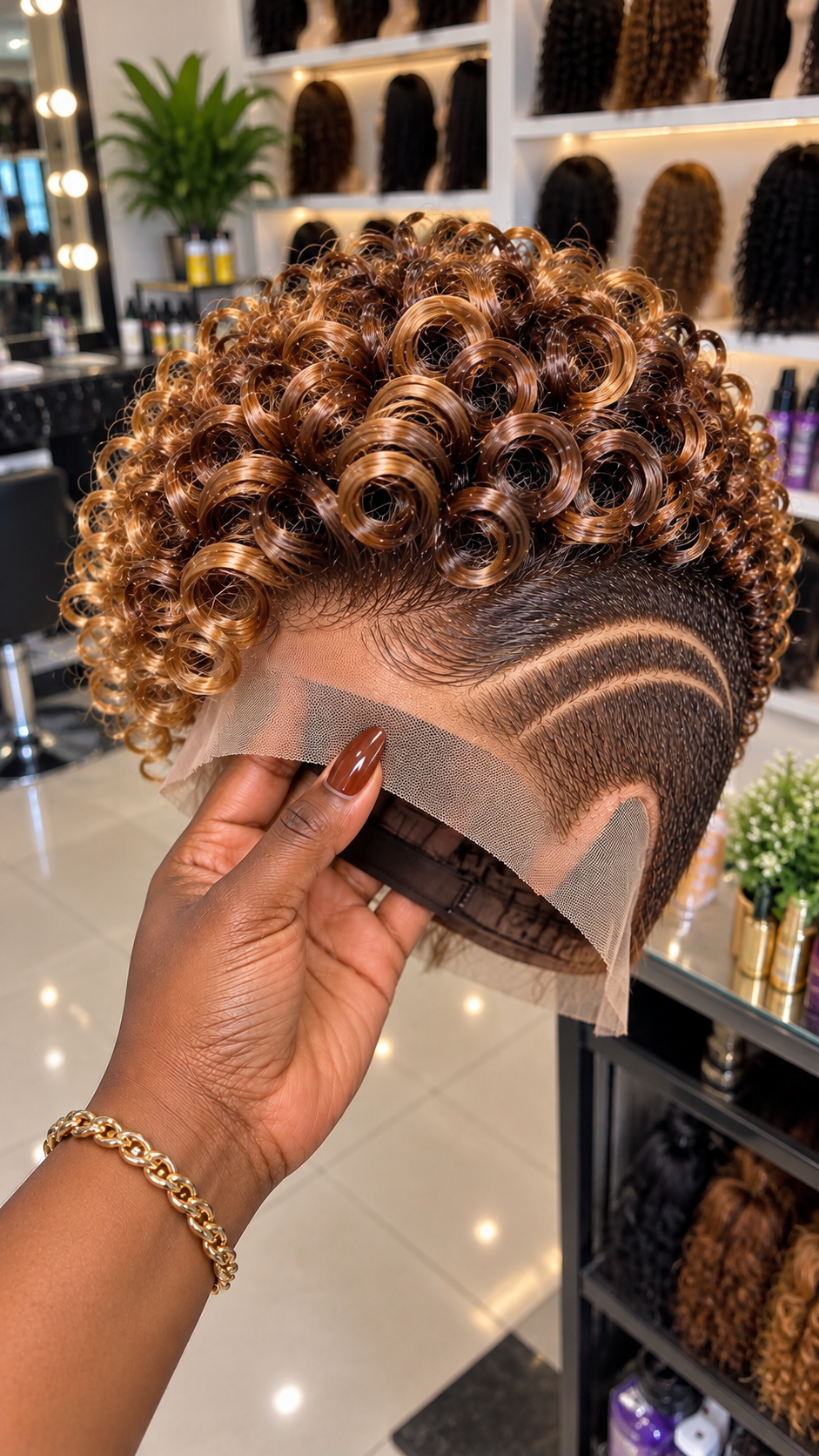 Amber Caramel Barrel Ringlets With Twin Crescent Temple Partings on a Lace Pixie Wig #hwbh