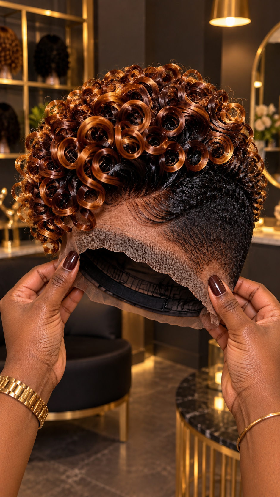 Caramel Copper Ringlet Pixie Wig With Dark Tapered Sides and Exposed Lace Cap #ssh Caramel Copper Ringlet Pixie Wig With Dark Tapered Sides and Exposed Lace Cap #ssh