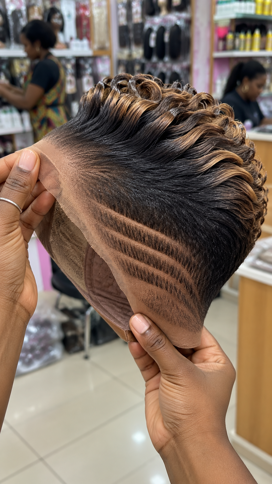 Honey Blonde Streaked Pixie Lace Wig With Swept-Back Curls and Twin Carved Side Channels #afth Honey Blonde Streaked Pixie Lace Wig With Swept-Back Curls and Twin Carved Side Channels #afth